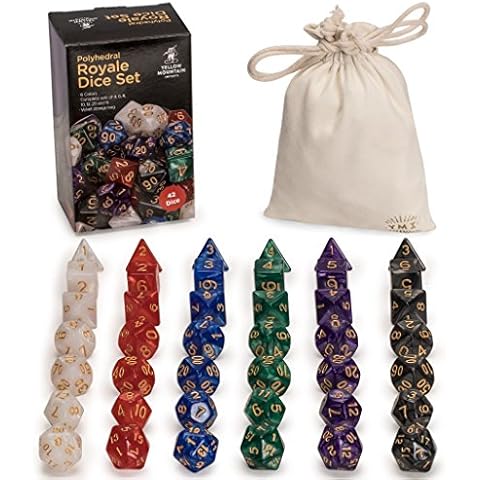 Yellow Mountain Imports 42 Polyhedral Dice, 6 Colors with Complete Set of D4, D6, D8, D10, D12, D20, and D% for Role Playing Games (RPG), DND, MTG, and Other Dice Games Cover