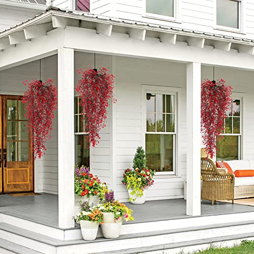 Recutms Vine Plant Fake 4 Pcs Ferns Artificial Plants Large Faux Hanging Plant Artificial Hanging Plants Wall Plants Fake Ivy Room Decor Home Garden Wedding Party Indoor Outdoor Decorations(Red 4P) #TOP3