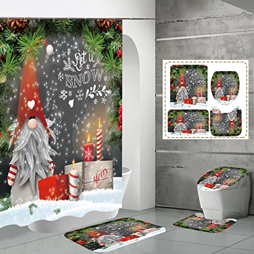 Christmas Gnome Shower Curtain Set，Santa Claus Big Gift Box Candle Happy New Year Shower Curtain for Bathroom, Merry Christmas Fabric Shower Curtain with Hooks 72 x 72 Inch (Q)
