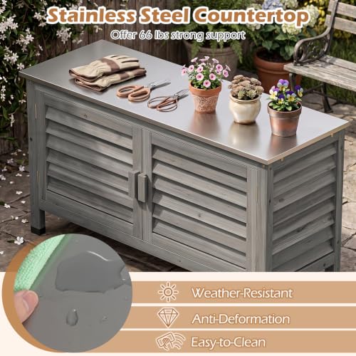 Image of Tangkula Wood Outdoor Storage Cabinet with Stainless Steel Countertop