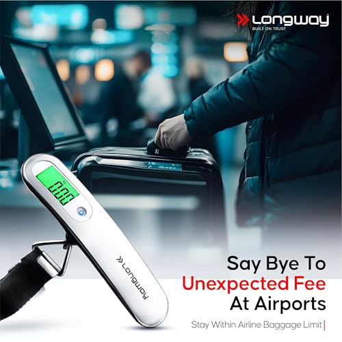 Image of Longway Traveltare Digital Portable Luggage Weighing Scale | LCD Display for Accurate Measurements | Lifetime Replacement | Weighing Scale for Home, Travel, Flights & Bags (Silver, 50 kg)