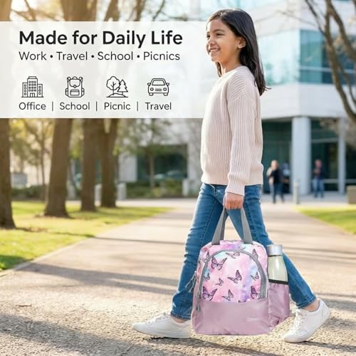 Image of ORBY Lunch Bag Butterfly Lavender | Water-Repellent Durable Fabric | Tiffin Bag with Bottle Holder & Front Pocket | Strong Zipper & Spacious Meal Storage (Butterfly Pattern, Lavender)