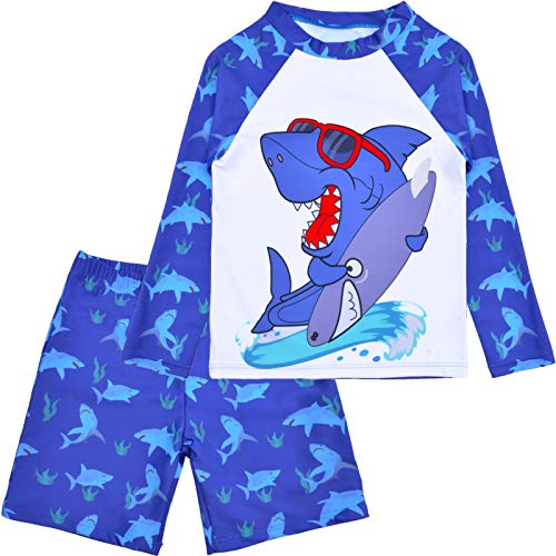 Sylfairy Boys Two Piece Rash Guard Swimsuits Kids Long Sleeve Sunsuit Swimwear Sets Bathing Suit,Sahrk,5-6Years