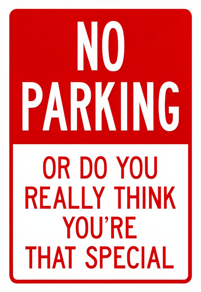 peiyeety Funny No Parking Tin Sign 12x8 Inch Metal Wall Decor, Red & White Sarcastic Parking Warning Plaque for Garage, Driveway, Man Cave, Office, Outdoor/Indoor Gift Idea