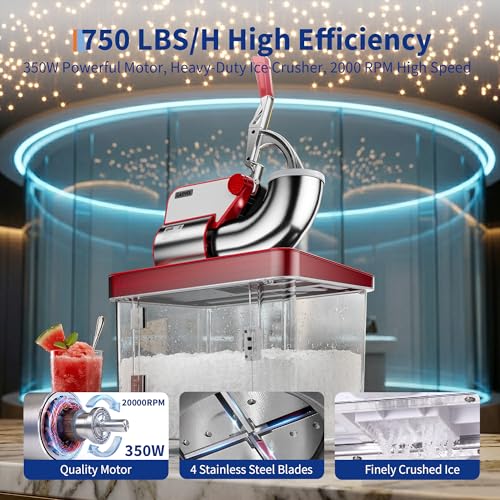Commercial Ice Crusher 661LBS/H, 300W Electric Snow Cone Machine with 4 Stainless Steel Blades, 1450RPM, 8.98Gal Hopper Shaved Ice Maker with Safety On/Off Switch for Home, Restaurants, Bars, Red - image 5