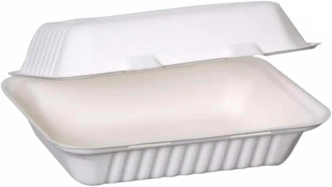 – 100 × 9x6 Bagasse Biodegradable Sugarcane Clamshell Takeaway Box 9 × 6 Inch - Pack of 100 - Eco-friendly Packaging Hp10 32oz / 900ml, Made from Natural Sugarcane Pulp, Disposable Food Container