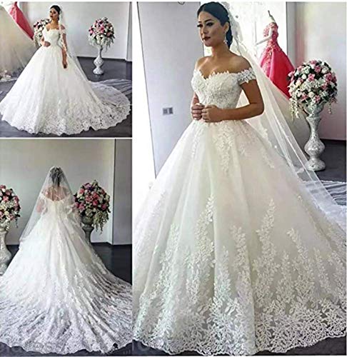 Fanciest Women's Lace Wedding Dresses For Bride 2023 Long Ball Gowns White Off Shoulder Plus Size Princess Bridal Gowns Us10 #TOP6