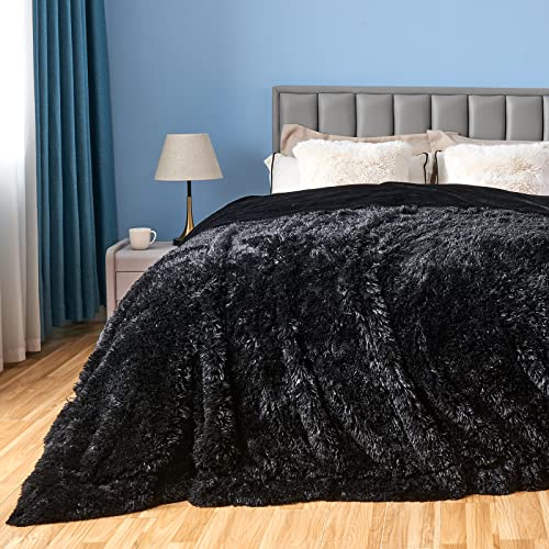 GONAAP Fuzzy Faux Fur Throw Blanket Queen Size Black Super Soft Cozy Plush Fuzzy Shaggy Blanket for Couch Sofa Bed (Black, Queen(90"x90"))