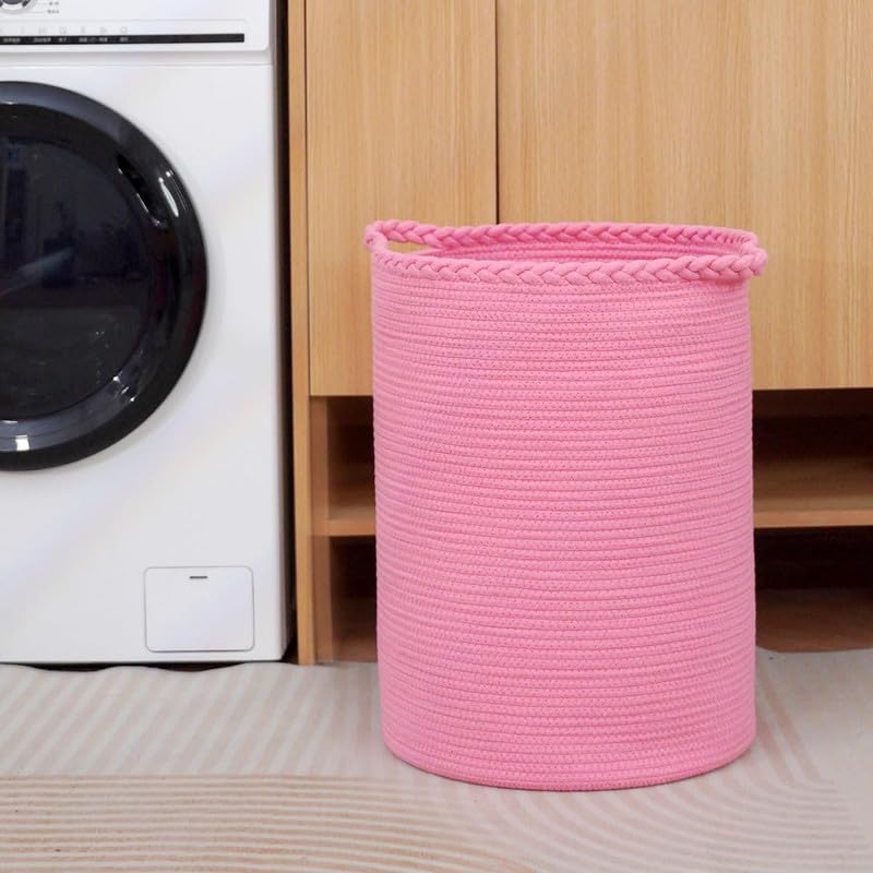 Image of SHAGCRAFT Storage Rope Laundry Hamper Basket for Clothes, Towels and Blankets in Livingroom, Bedroom, Laundry Room and Basket for Nursery Storage (Size - 14 inch x 14 inch x 16 inch) (Pink Zig Zag)