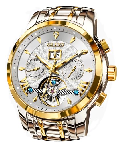 OLEVS Men Automatic Watch Luxury Classic Mechanical Skeleton Waterproof Luminous Stainless Steel Date Calendar Two Tone Wrist Watches