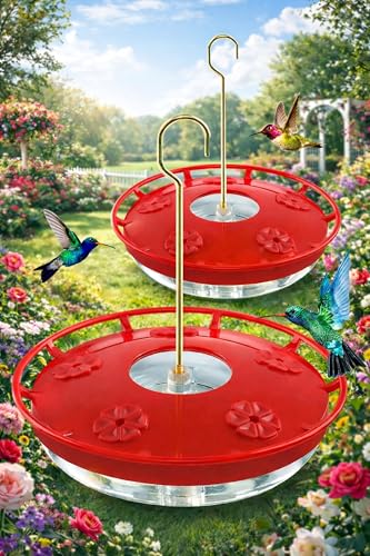 FEED GARDEN Hummingbird Feeders for Outdoors, 2 Pack 16oz Leak-Proof Disc Feeder with Built-in Ant Moat, 5 Feeding Ports, Wide Mouth Easy Clean, BPA-Free Plastic for Garden Patio Backyard