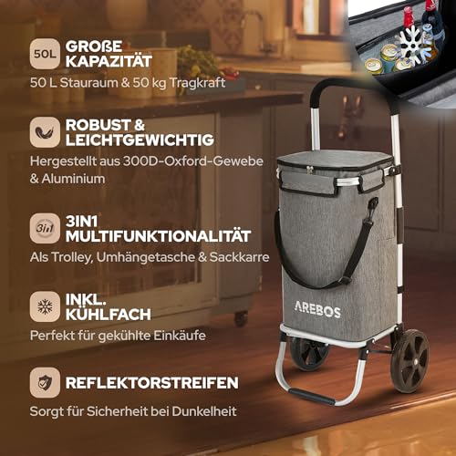 Arebos 3in1 Einkaufstrolley | Trolley groß 56 Liter | Einkaufswagen mit Kühlfach | Einkaufstasche mit Rollen | Klappbarer Shopper | klappbar Tasche abnehmbar | Einkaufsroller, Handwagen | Grau – Bild 3