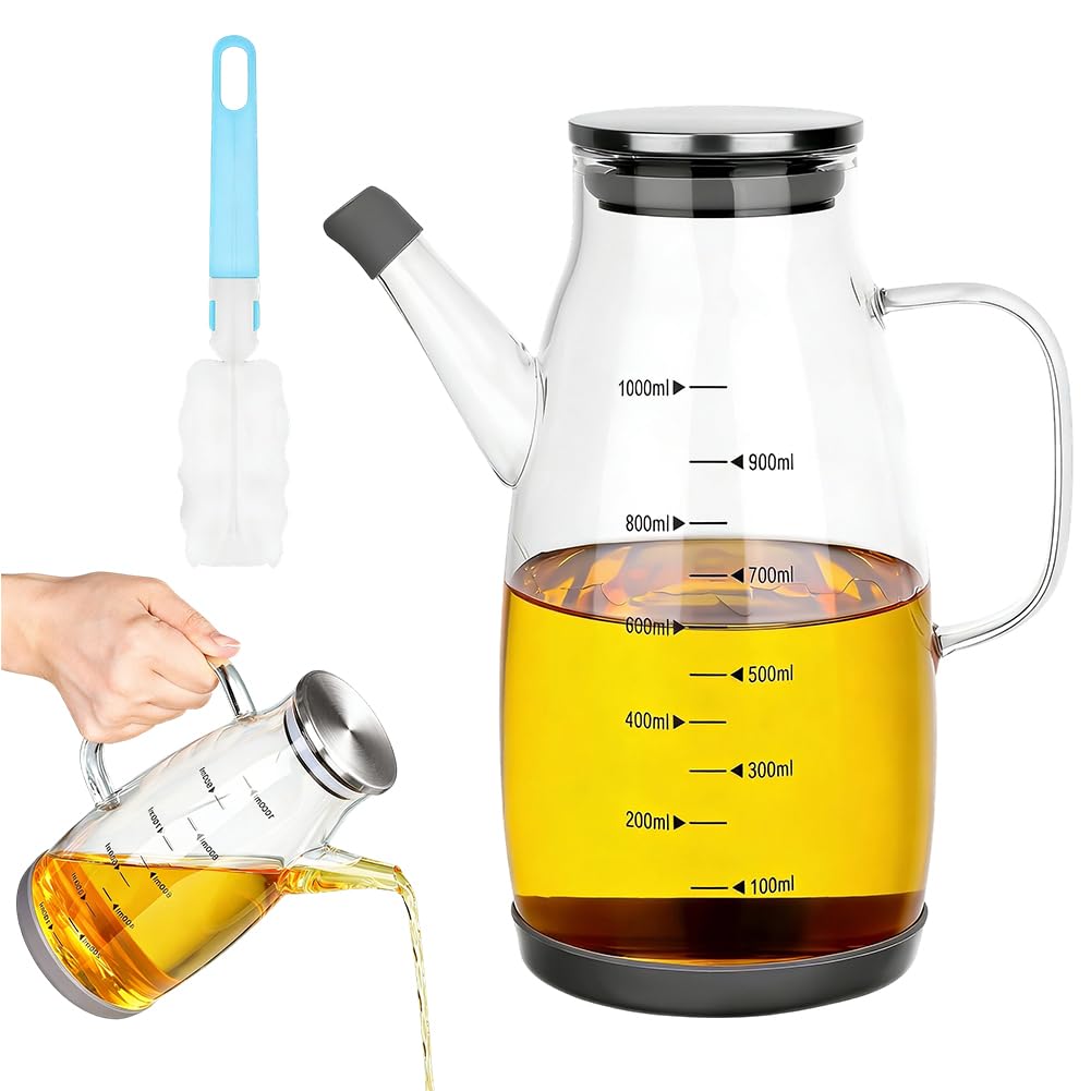 FARYODI Dispensador de aceite de vidrio de borosilicato con mango, 1 botella de aceite de litro, dispensador de vinagre vacío con base de silicona antideslizante, a prueba de fugas grande para cocina