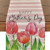 Happy Mother's Day Table Runner Tulip Flower Dining Mother's Day Table Runner Decoration, Kitchen Dining Room Decoration for Mother's Day Tablecloths Floral Table Runner Decoration