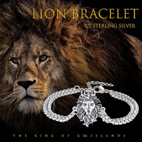 Cuoka Lion Bracelets 925 Sterling Silver Punk Rock Gothic Punk Norse Vintage Viking Oxidized Lion Head Bracelet Norse Viking Wristband Heavy Jewelery for Women Men Girlfriend Mom (Round)3