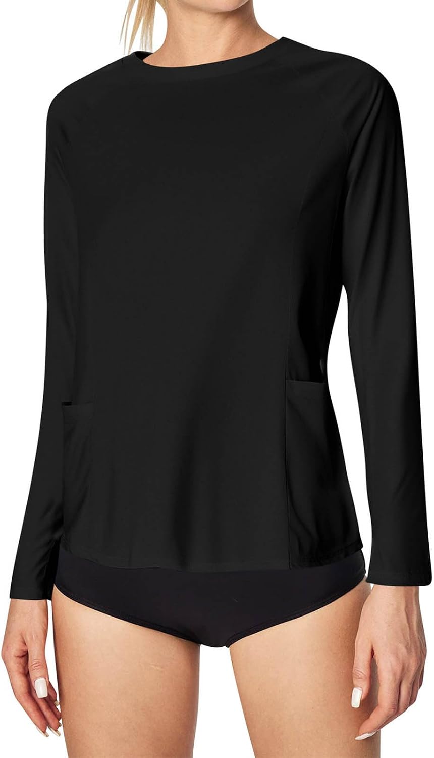 Women Sun Protection Shirt Lightweight Long Sleeve Crew Neck UV Outdoor Top with Side Pockets for Beach Travel