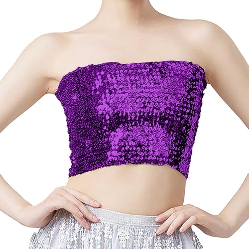XUEJIANN Parte superior brillante para mujer, fiesta plateada, con lentejuelas, sin tirantes, parte superior de fiesta, brillante, sexy, sin tirantes, top con lentejuelas, morado, Talla única