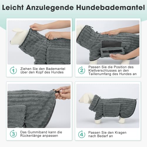 Woiil Hundebademantel aus Mikrofaser, Ultra Saugfähiger Bademantel Hund, Mit Klettverschluss Und Verstellbarem Gummizug, Maschinenwaschbar, Geeignet Für Große, Mittlere Und Kleine Hunde, Grau (M)