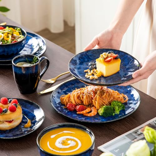 Image of vancasso Starry 16 Pieces Dinnerware Set for 4, Reactive Glaze Blue Stoneware Plates and Bowls Set, Dishes Set with Mugs for 4, Microwave & Dishwasher Safe