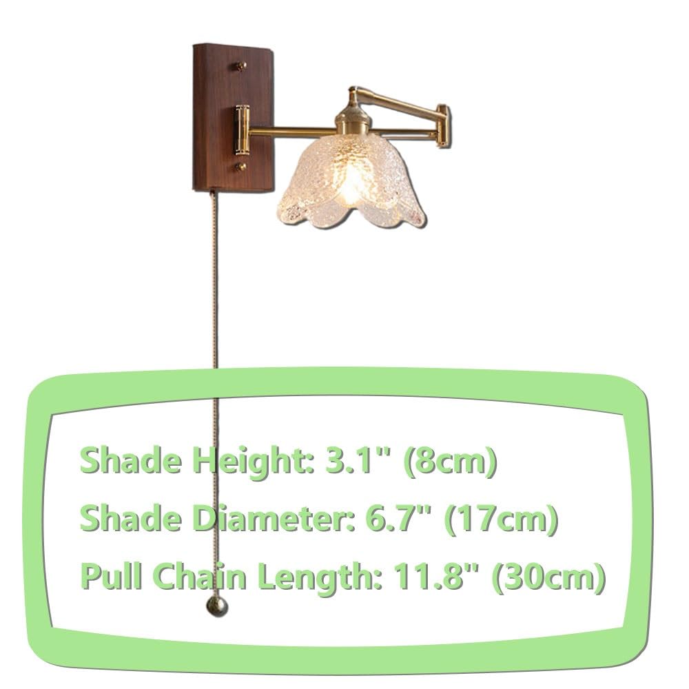 Regulowana lampa ścienna w stylu retro, obrotowa lampa ścienna w stylu vintage z przełącznikiem suwakowym, lampką nocną z kwiecistym szkłem, mosiężna lampa ścienna do sypialni