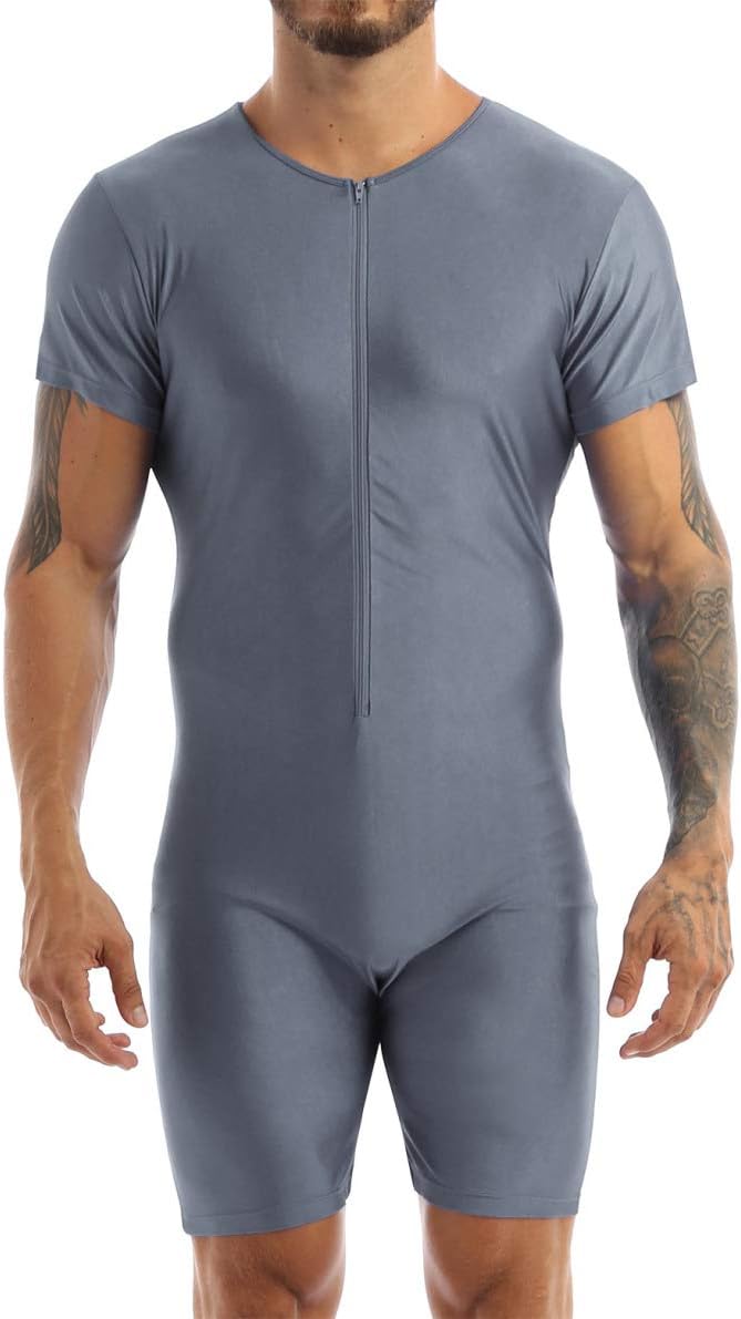 XUNZOO Men Sexy Front Zipper Breathable Bodysuit Stretch Short Sleeve Dance Unitard Leotard Swimwear Grey Small