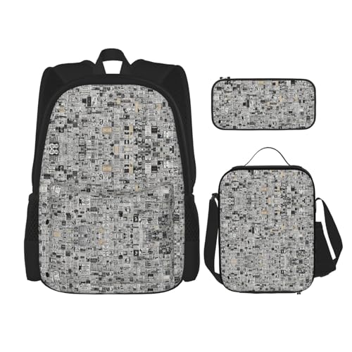 Newspaper Hd Print 3 Piece Set Backpack, Lunch Bag, Pencil Case, Cute Sturdy For College And Travel