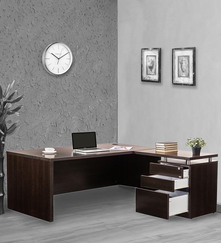 Image of Lakdi The Furniture Co Directo Table and Office Desk for L-Shape Made in Particle Board with Side Unite and Drawers Storage Wire Manager, Luxury Executive Desk Wenge Brown Color- (LDL-559)