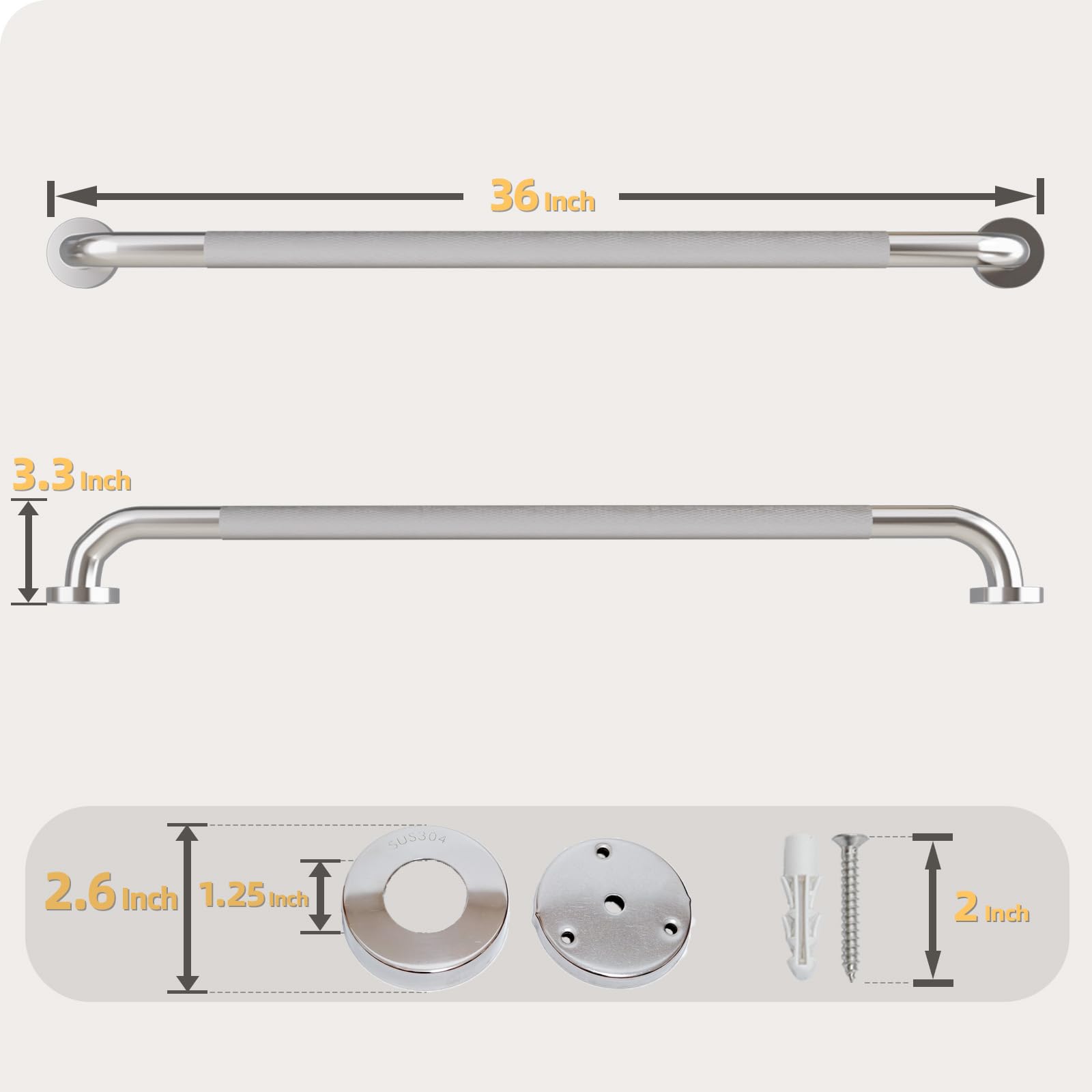 Barra de agarre de ducha de 36 pulgadas, mango de barra de agarre de baño con agarre estriado antideslizante, barra de equilibrio de baño de acero inoxidable, barra de seguridad de baño de 1.25