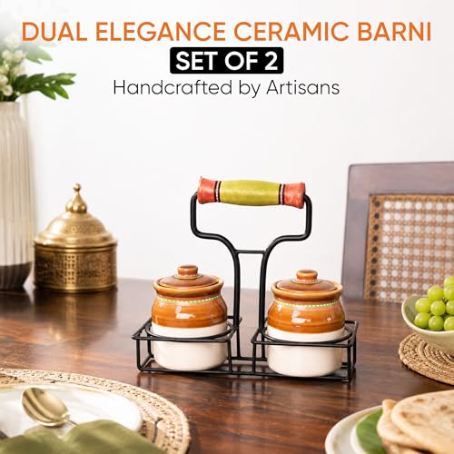 Image of AAKRITI ART CREATIONS Dual Elegance Ceramic Barni with Metal Stand | Ceramic Achar ki Barni & Mukhwas Box | Handcrafted Wali Art Storage Jar for Spice & Pickle | Traditional Achaar Barni for Kitchen
