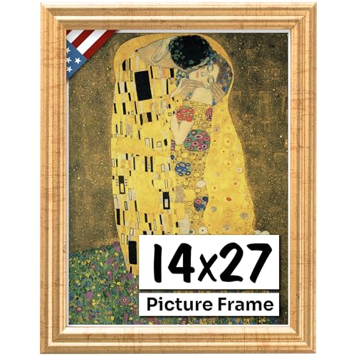 Antique Gold 14x27 Picture Frame .75" Inch Wide - Gold Wall Decor Handmade Solid Wood Frames with Preinstalled Hangers and UV Blocking Plexiglass 27x14 Frame