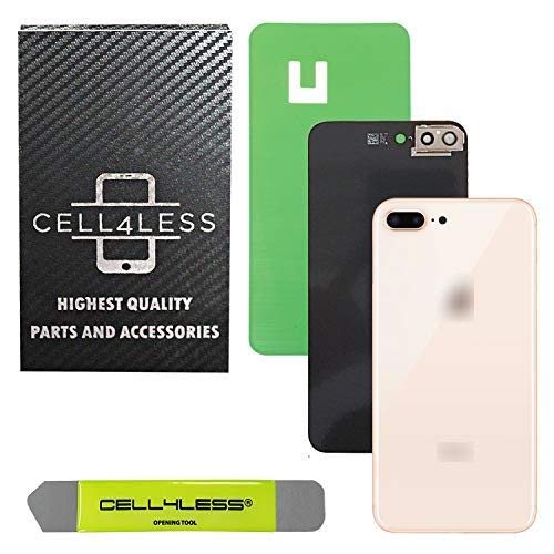 Cell4less Back Glass Cover OEM Battery Door Replacement w/Adhesive, Installed Camera Frame w/Lens & Removal Tool for Apple iPhone 8 Plus (Gold 8+)