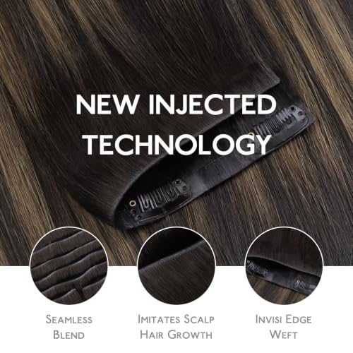 Image of WENNALIFE Invisible Edge Seamless Clip in Hair Extensions Real Human Hair | 16'' 111g 7pcs Balayage Dark Brown Mixed Chestnut Brown. Thin PU Weft, Easy, Comfortable Clip in Luxury Remy Hair Extensions