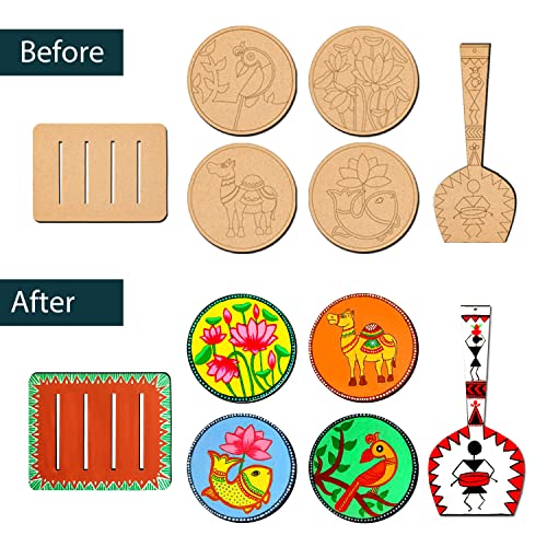Image of Madhubani Art Kit,Pre Marked Tea Coaster with Spatula for Painting,Birthday Gifts for Girls 9-12, Art kit for Adults,Coaster with Spatula Kit - 07