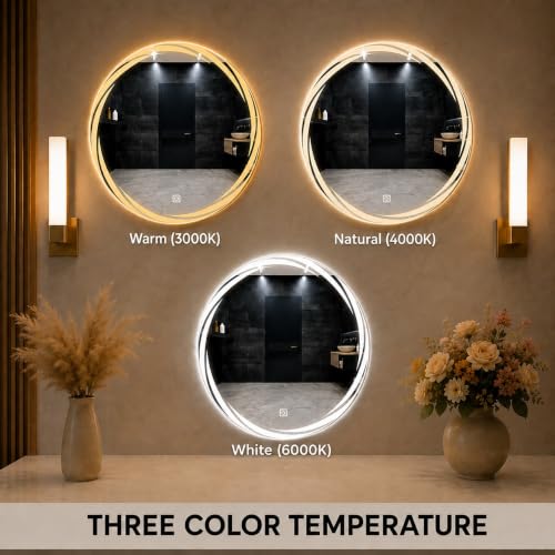 Image of 24x24 Inch Round Glass Wall Mounted LED Mirror with Smart Touch Sensor & 3 Color Lights (Warm, Cool, Natural) for Bathroom, Washbasin & Vanity (Spiral Round)