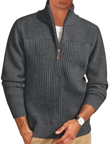 Runcati Mens Quarter Zip Sweater Mock Neck Pullover Ribbed Knit C...