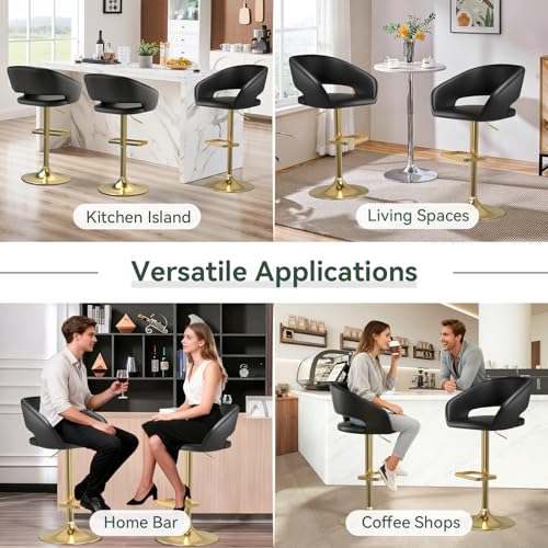 Image of PU Leather Adjustable Swivel Counter Height Bar Stool, Black, Gold Base
