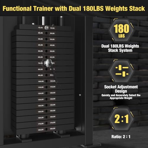 Image of Commercial Functional Trainer Cable Machine, Multifunctional Cable Crossover Exercise Machine, All in One Home Gym System, Workout Weight Machine for Strength Training, Compact Fitness Equipment Set