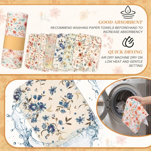 Image of Redbaker 30 Pcs Reusable Paper Towels Rolls Towels Bulk Kitchen Washable Paperless Cloth Cotton Hand Napkins with Cardboard Reusable Napkins for Kitchen Bathroom (Vintage Flower)