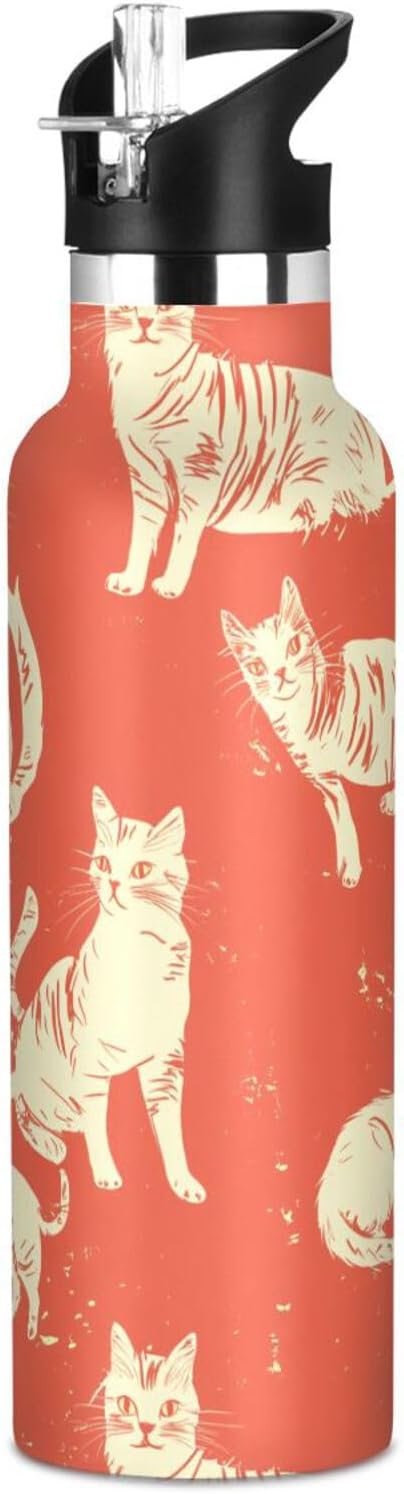 Water Bottles with Straw Lid Double Wall Vacuum Leakproof and BPA Free for Bike Running Sports Travel Gym, Chic Selkirk Rex Cats