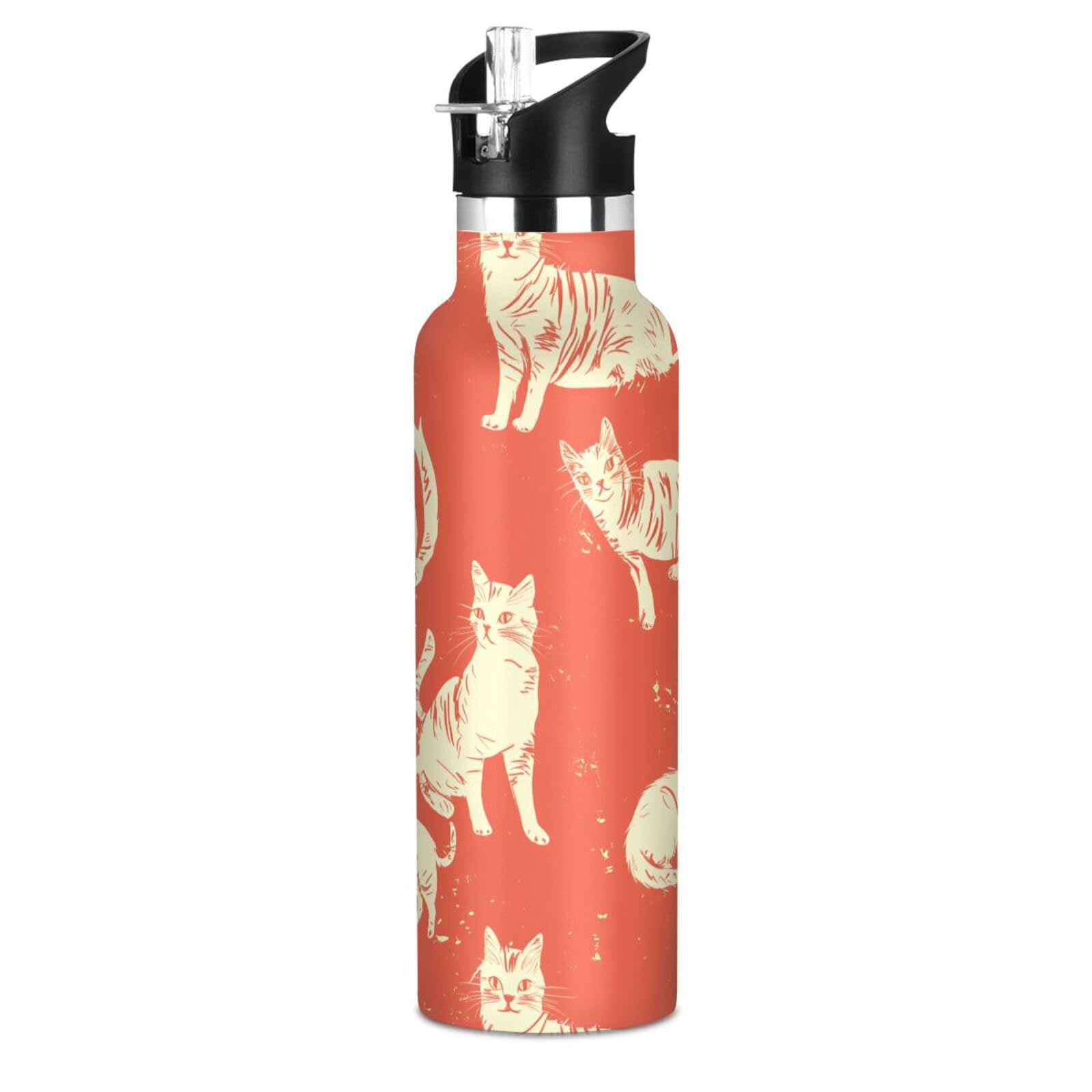 Water Bottles with Straw Lid Double Wall Vacuum Leakproof and BPA Free for Bike Running Sports Travel Gym, Chic Selkirk Rex Cats