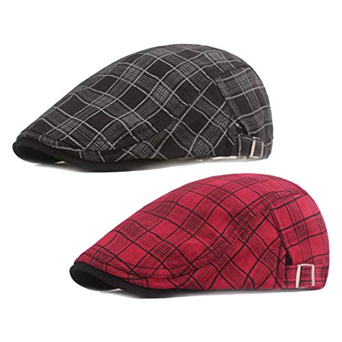 Image of Men's Plaid Striped Newsboy Ivy Flat Driving Golf Cap | Colored plaid longshoreman cap with vintage Irish design, great for driving, golf, daily outdoor casual street wear