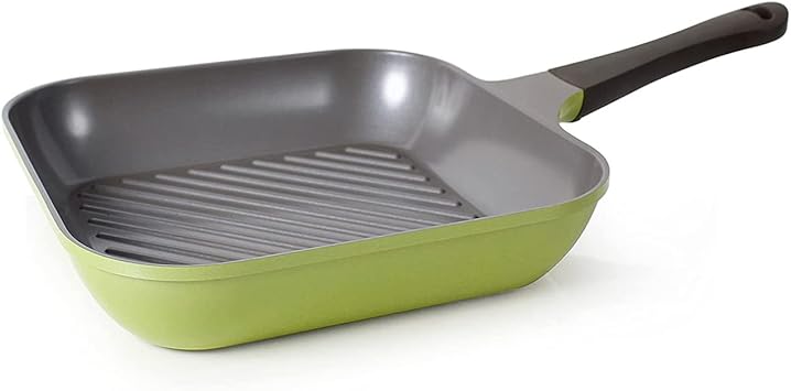 Neoflam Eela 11 Non Stick Grill Pan Griddle Square Stovetop Grill with Sear Ridges, PFOA Free Ecolon Ceramic Coating for Skillet, broil, Fish, Vegetables and Meat, Scratch Resistant, Green