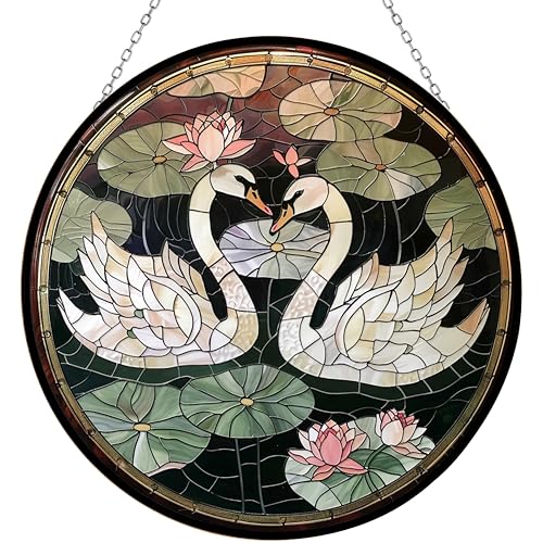 365CUSGIFTS Graceful Swan Stained Glass Suncatcher Four Season Theme Colorful Leaves Window Wall Hanging Ornament Hand-Painted Glass Panel Decor Gift for Women Christmas Thanksgiving Gift 6.3