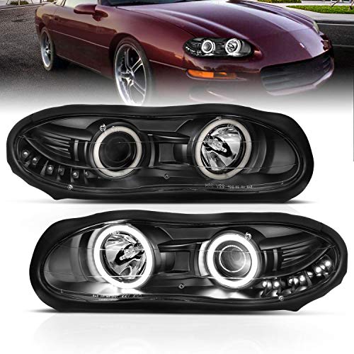 AmeriLite for 1998-2002 Chevy Camaro Xtreme LED Halo Rings Projector Black Headlight Assembly Pair - Driver and Passenger Side