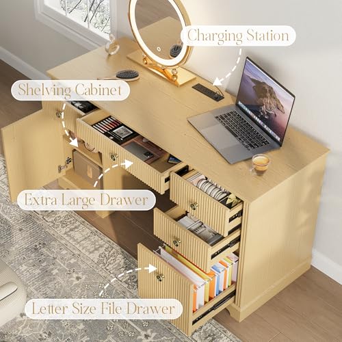 59" Modern Executive Desk with Drawers, Wood Home Office Computer Desk with Charging Station, 5 Drawers & 1 Cabinet, File Drawer, Fluted Computer Writing Desk for Study, Living Room, Bedroom, Oak - Image 4