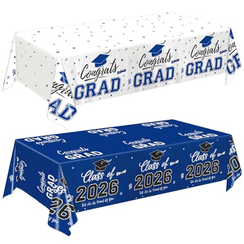 Oigco 2026 Graduation Decorations, 2 Pack Blue Graduation Tablecloths Class of 2026, Congrats Grad Plastic Rectangle Table Cloths for Graduation Party Decorations, 54 x 108 Inch