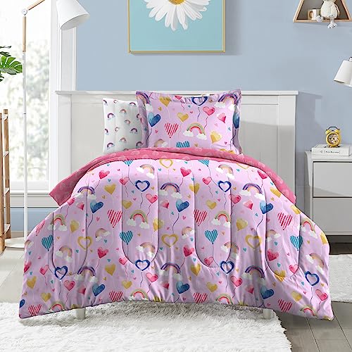 dream FACTORY Kids 7-Piece Complete Bed Set Easy-Wash Super Soft Microfiber Comforter Bedding, Full, Lilac Balloon Hearts - Thumbnail 2
