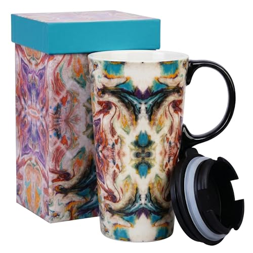 Topadorn 17oz Ceramic Travel Coffee Mug with Spill Proof Lid Tea Cup with Color Box, Microwave & Dishwasher Safe Boho Mug, Holiday Gift Her Him