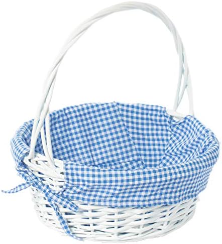 White Round Willow Gift Basket, with Blue Gingham Liner and Handl...