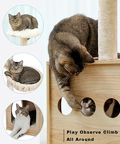 Anppex Wood Cat Tree Tower For Indoor Cats, 50” Modern Cat Tree Dual Wooden Cat Condos, Tall Cat Climbing Tower For Large Cats With Fully Sisal Covering Scratching Posts #TOP2